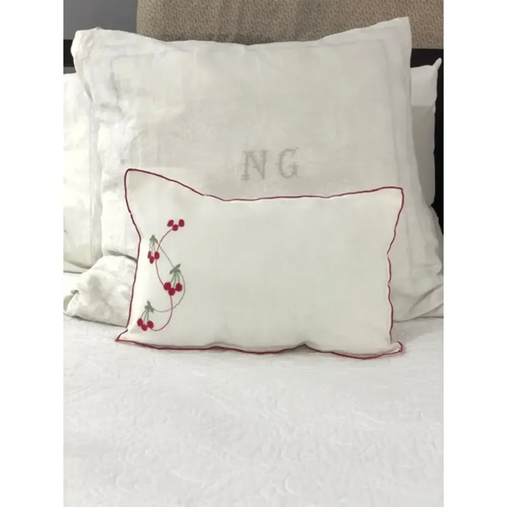Upcycled Handcrafted Vintage Linen Cherry Doily Accent Boudoir Pillow 14